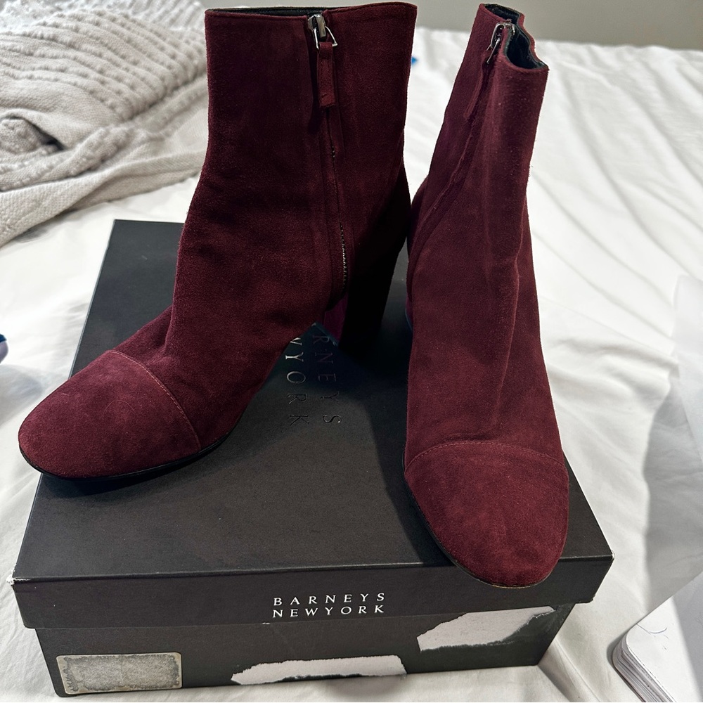 Barneys Wine Maroon Suede Ankle Boots Size 39.5 with box